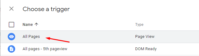 Selecting All Pages trigger in GTM