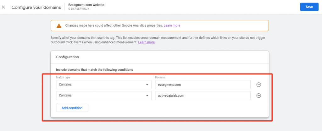 Adding domains in GA4 settings