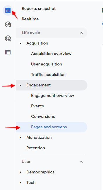 GA4 Pages and screens report navigation