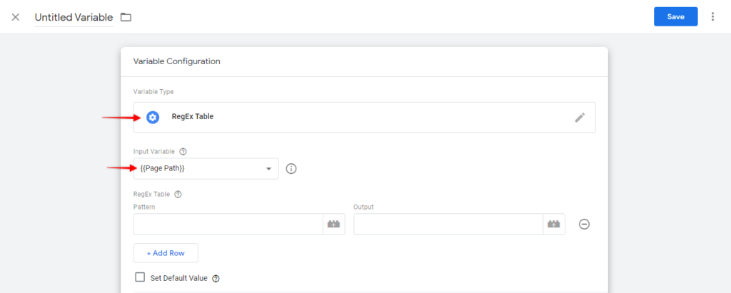 RegEx table setup example