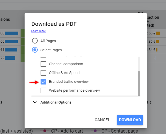 Select specific pages when downloading PDF report