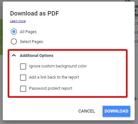 Additional export option checkboxes