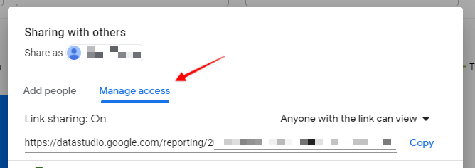 Manage access tab in Data Studio
