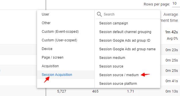 Session source / medium as secondary dimension