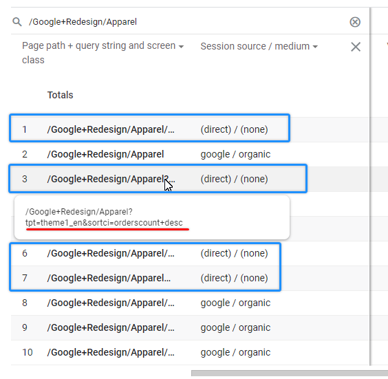 Page path data with attached query parameters