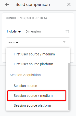 Select session source / medium for custom segment in GA4