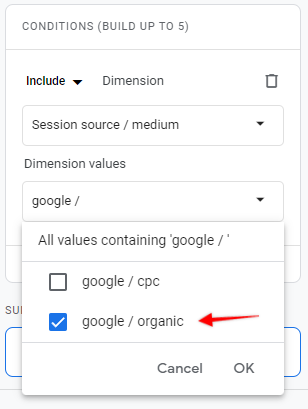 Selecting google / organic for custom segment