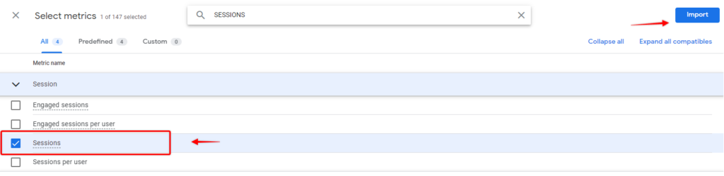 Select sessions metric from reports