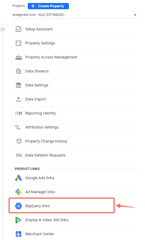 GA4 BigQuery links section