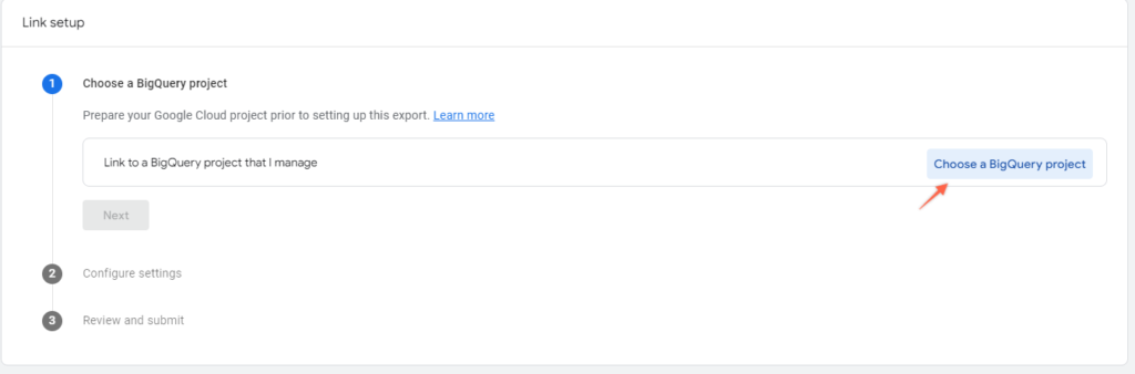 Choose BigQuery project for data export