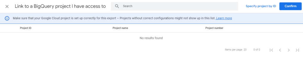 No BigQuery projects linked to the account