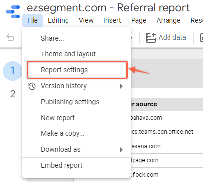 Data Studio report settings section