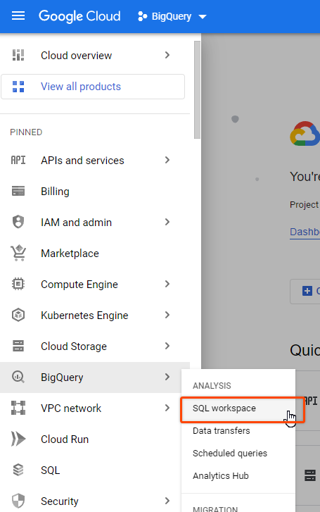 BigQuery SQL workspace for Google Analytics data