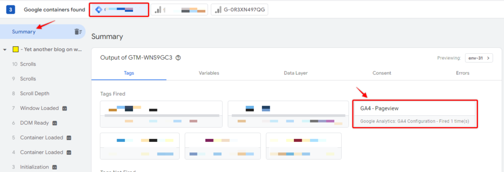 GA4 pageview tag visible in preview mode