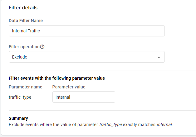 Exclude traffic_type internal from GA4 data filter