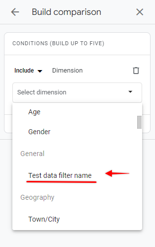 Select test data filter name