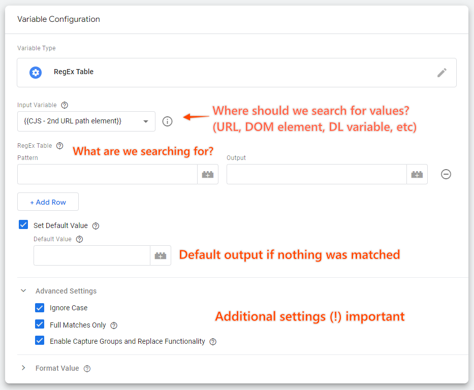 RegEx table variable settings structure