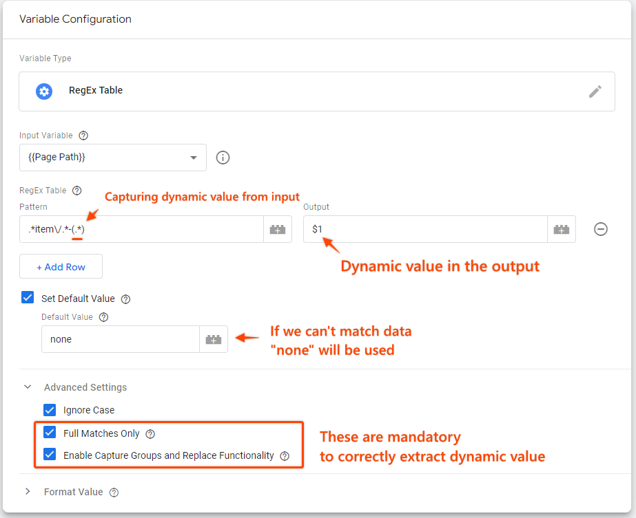 Extracting dynamic values using GTM RegEx variable type