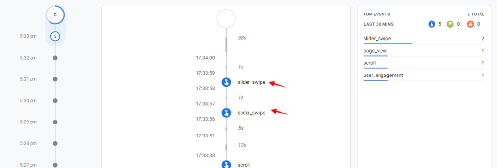GA4 debug view with slider swipe events