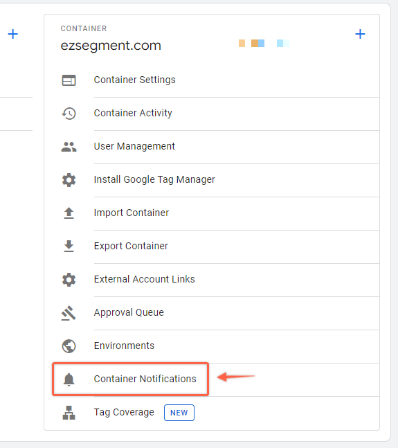 Container notifications link in the admin section