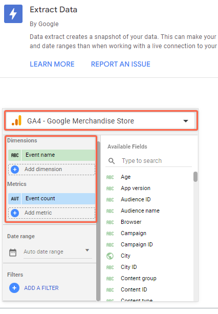 Selecting live source, dimensions and metrics for data extract