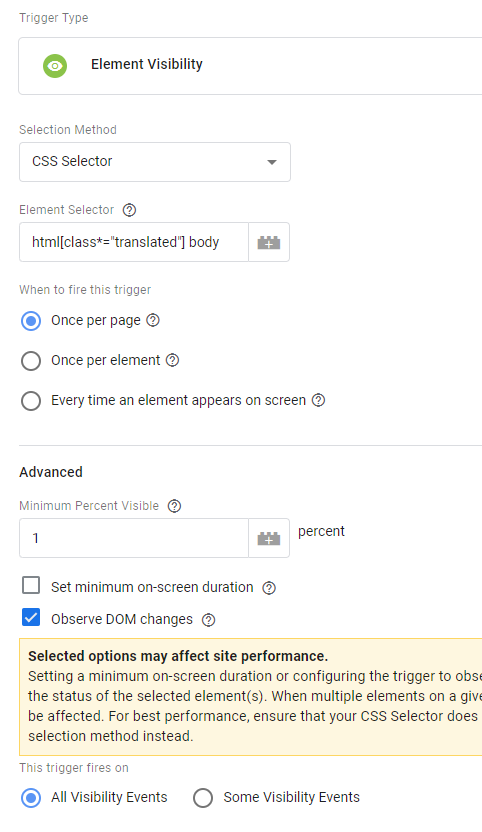 Element visibility trigger setup to track translated body elements in Google Tag Manager