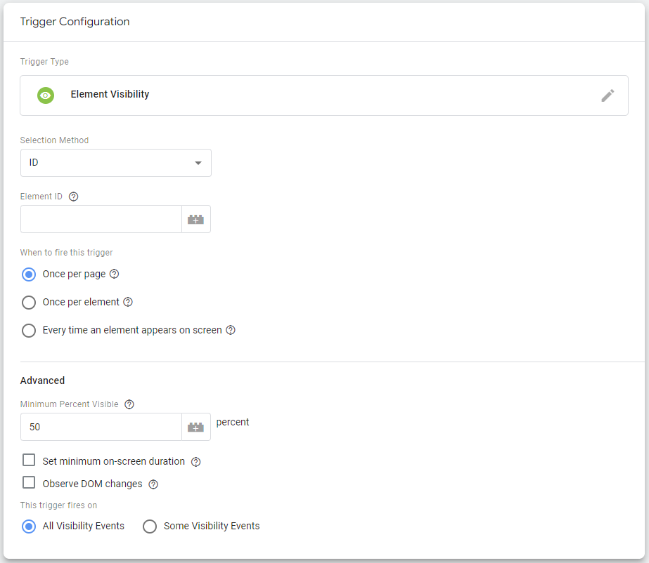 Element visibility trigger settings example in Google Tag Manager