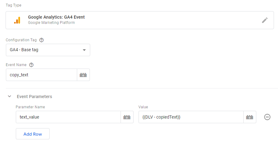 Copy text event settings GA4