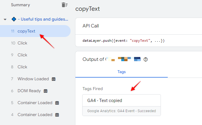 Copy text data layer event in GTM preview mode