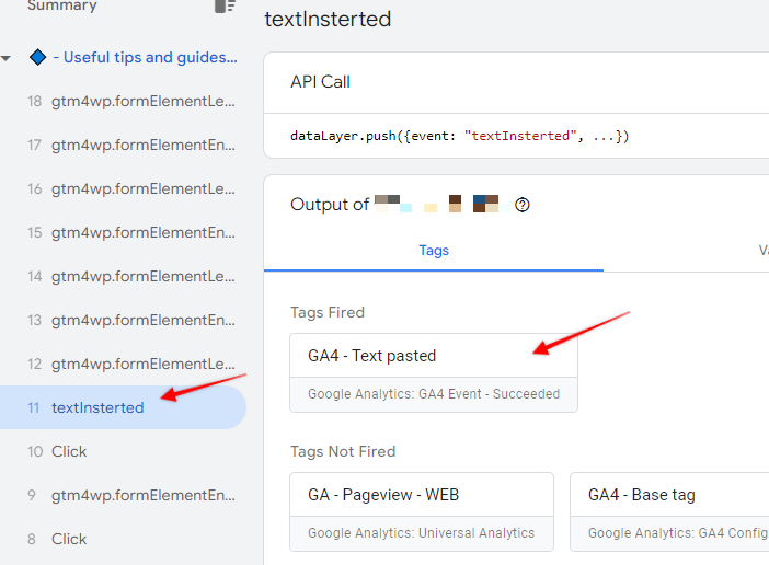 Pasted text event tag in GTM preview mode