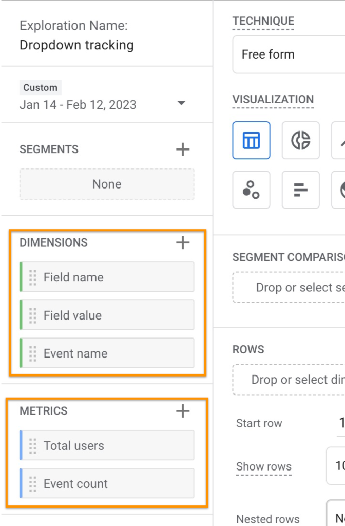 Dropdown field name and value in Google Analytics 4 report