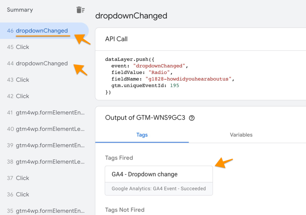 dropdownChanged data layer event in preview and debug mode