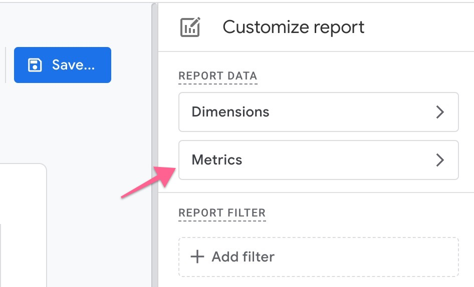 Metrics list in GA4 report customizer