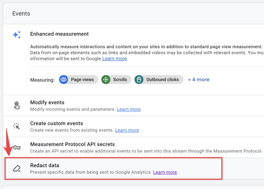 Data redaction setting location in google analytics 4