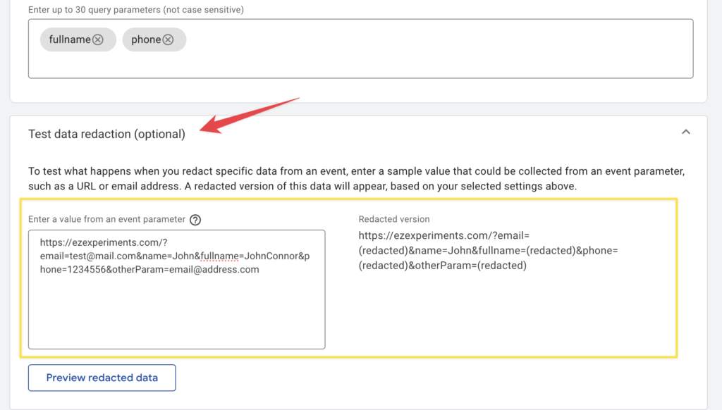 Preview URLs with redacted data in Google Analytics 4